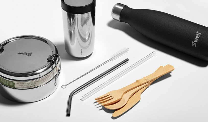 Reusable straw, reusable bottle and food container zero waste How can we embrace a sustainability / zero waste lifestyle stylish zero waste kit reusable products