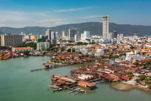 aerial view of a city by the coastline