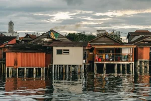 wooden houses on stilts floating on the water