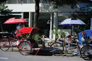 Penang trishaw lined up by the roadside