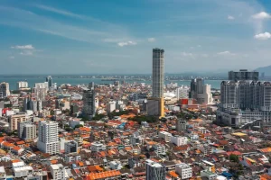 view of a city with a skyscraper