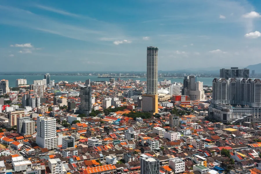 view of a city with a skyscraper