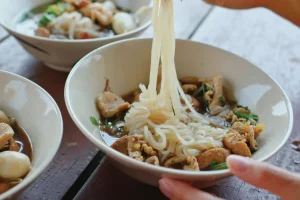 bowls of Thai boat noodles served and ready to eat