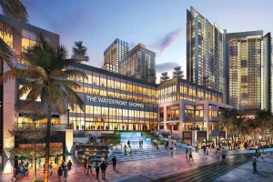 an artist rendered image of a building with the name of Waterfront Shoppes