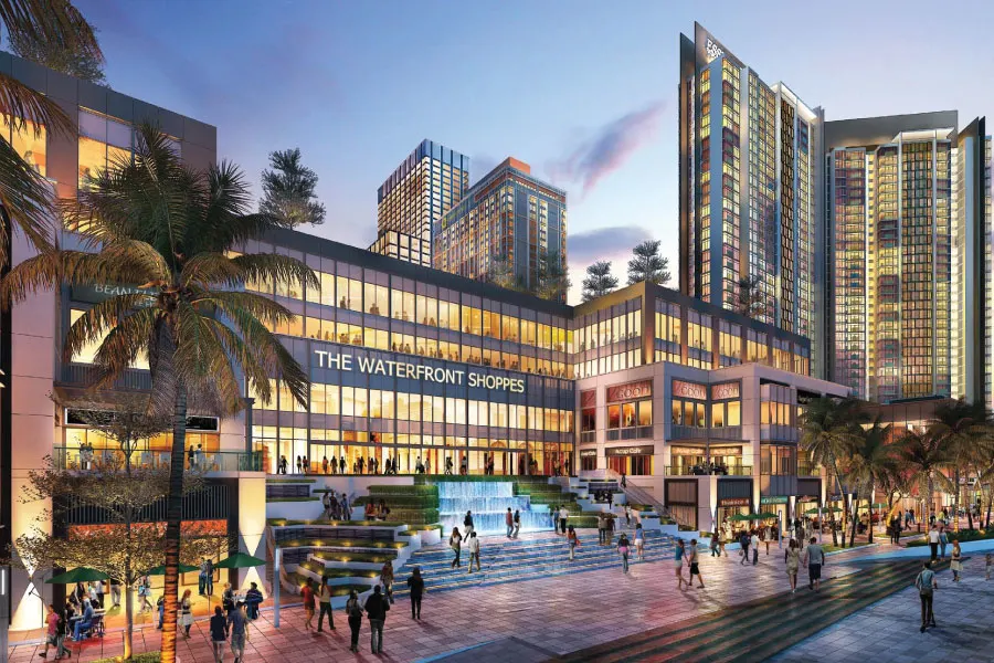 an artist rendered image of a building with the name of Waterfront Shoppes